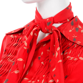 Vintage Albert Nipon Red Print Dress With Sash Scarf and Belt Smock Pleating