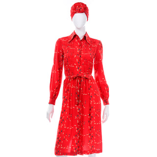 Vintage Albert Nipon Red Print Dress With Sash Scarf and Belt Pearl Nipon