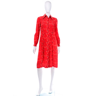 70s Vintage Albert Nipon Red Print Dress With Sash Scarf and Belt