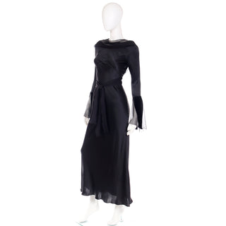 1990s Alberta Ferretti Vintage Black Silk Evening Dress w statement sleeves
