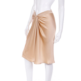 2000s Alberta Ferretti Soft Gold High Low Waist Gathered Silk Skirt Sz M