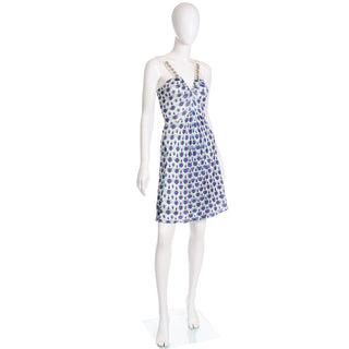 Vintage Alberta Ferretti Blue Jersey Low V Dress W Shells & Rhinestones