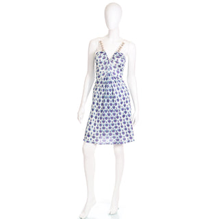 Vintage Alberta Ferretti Blue Jersey Low V Dress w shell rings