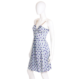 Vintage Alberta Ferretti Blue Jersey Low V Dress with shell rhinestone accents