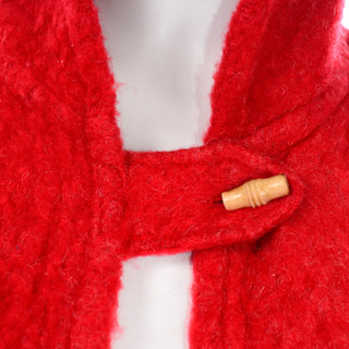 Anne Klein Vintage Red Mohair Cape With Hood Wood Button