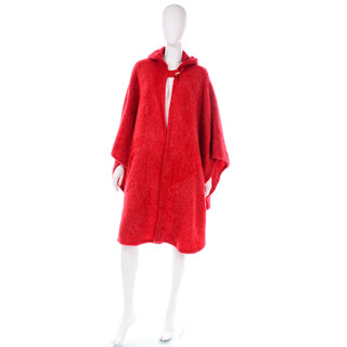 1980s Anne Klein Vintage Red Mohair Cape With Hood
