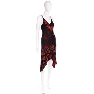 2000s Vintage Black & Red Asymmetrical Hem Silk Beaded Evening Dress w beads