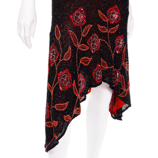2000s Vintage Black & Red Asymmetrical Hem Silk Beaded Evening Dress size 4/6