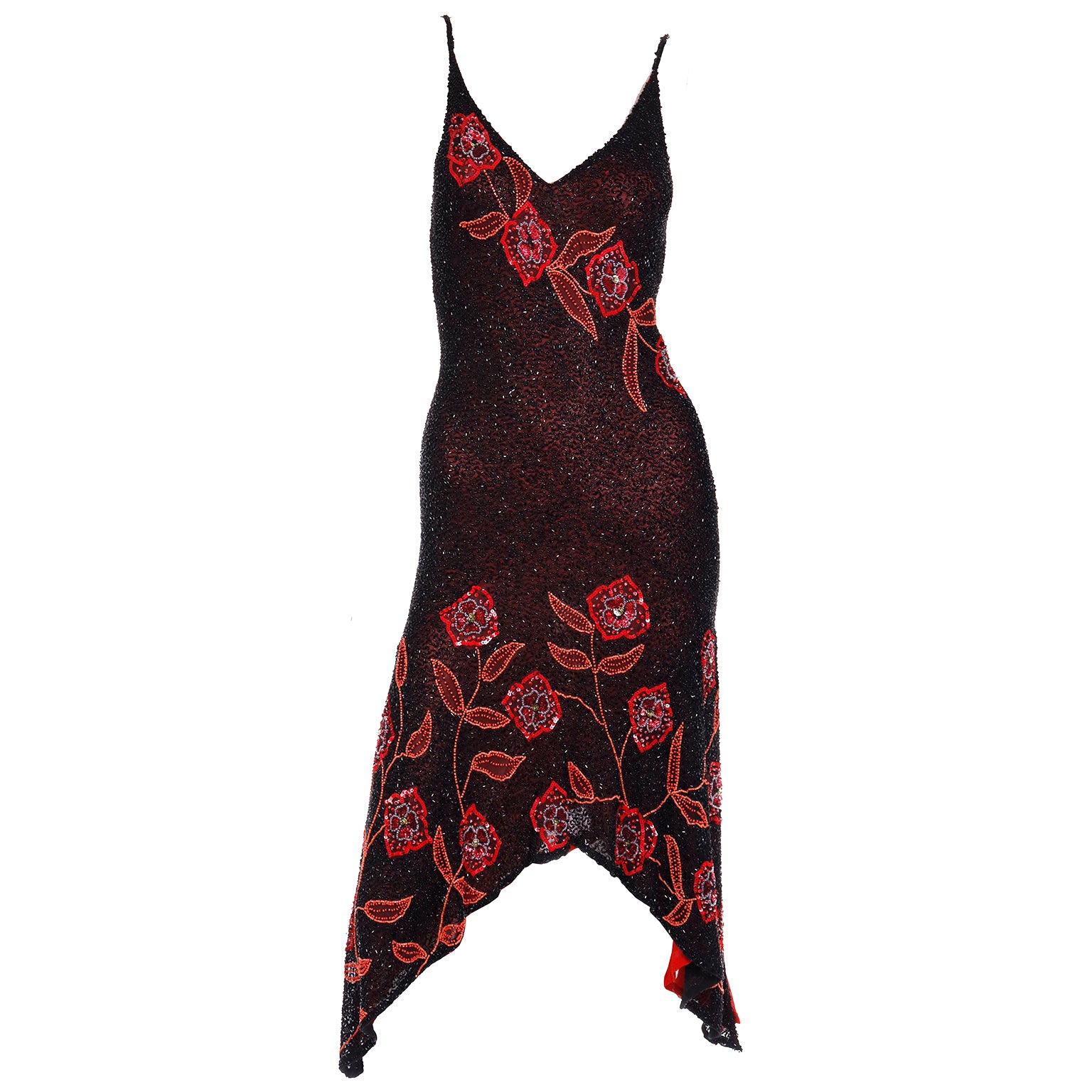 Vintage Black & Red Asymmetrical Hem Silk Beaded 2000s Evening Dress Modig Vintage Black & Red Asymmetrical Hem Silk Beaded 2000s Evening Dress Modig