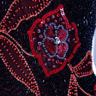 2000s Vintage Black & Red Asymmetrical Hem Silk Beaded Evening Dress Floral pattern