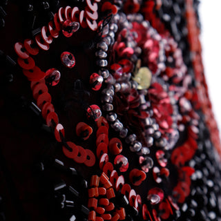 2000s Vintage Black & Red Asymmetrical Hem Silk Beaded Evening Dress sequins and beads in floral pattern