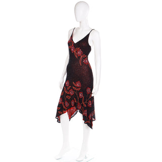 2000s Vintage Black & Red Asymmetrical Hem Silk Beaded Evening Dress Handkerchief hem