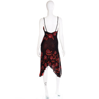 2000s Vintage Black & Red Asymmetrical Hem Silk Beaded Evening Dress w spaghetti straps