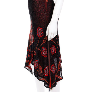 2000s Vintage Black & Red Asymmetrical Hem Silk Beaded Evening Dress floral pattern sequins & beads