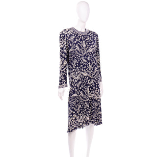 Averardo Bessi vintage 1979s Navy Blue & White Silk Jersey Dress Tropical print
