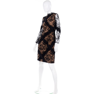 Bill Blass Vintage Black Lace & Tan Silk Evening Dress w/ Back Bow