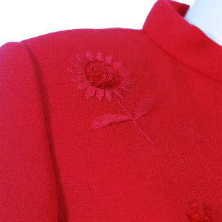 1990s Bill Blass Embroidered Vintage Red Jacket Sunflowers