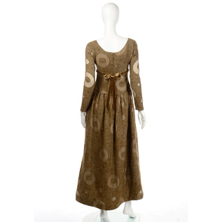 Vintage Bill Blass American Designer 1970s Brown Circle Print Silk Evening Dress 