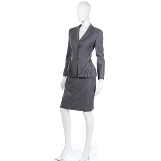 Bill Blass Grey Wool Pleated Blazer Jacket and Skirt Suit