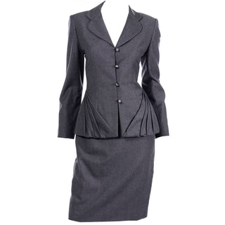 Bill Blass Grey Wool Pleated Blazer Jacket and Skirt Suit
