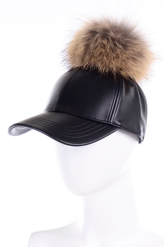 Furtalk Black Baseball Cap Hat One Size Removable Fox Fur Pom pom