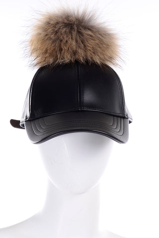One Size Furtalk Black Baseball Cap Hat Removable Fur Pom pom