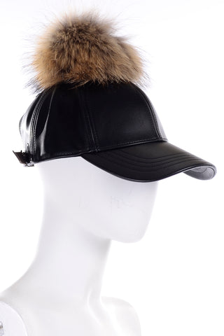 Furtalk Unique Black Baseball Cap Hat Removable Fur Pom pom