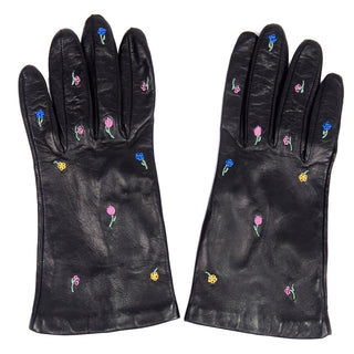 Vintage Floral Embroidered Black Leather Gloves W Silk Lining & flowers