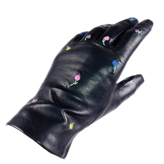 Vintage Floral Embroidered Black Leather Gloves W Silk Lining and pink yellow and blue flowers