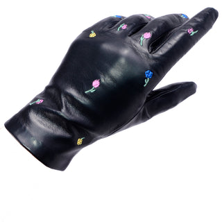 Vintage Floral Embroidered Soft Black Leather Gloves W Silk Lining