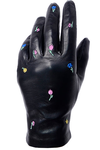 Vintage Floral Embroidered Black Leather Gloves W Silk Lining