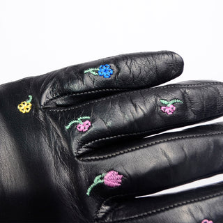 Vintage Floral Embroidered Black Leather Gloves W Silk Lining Sz 7