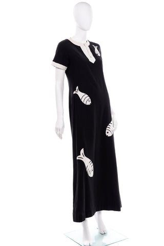 Vintage Ramona Rull Long Black Cotton Dress W Fish Applique