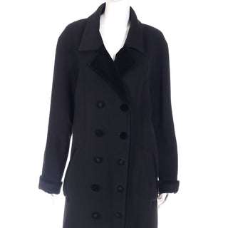 Vintage Black Wool Coat With Black Velvet Trim & Velvet Buttons