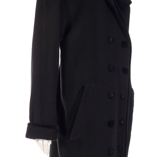 Vintage Black Wool Coat With Black Velvet Trim w Pockets