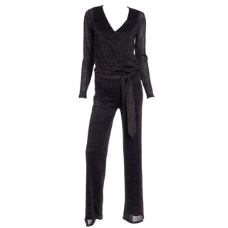 Early 2000s Y2K Vintage Black & Gold Lurex Sparkle Jumpsuit With Faux Wrap Top