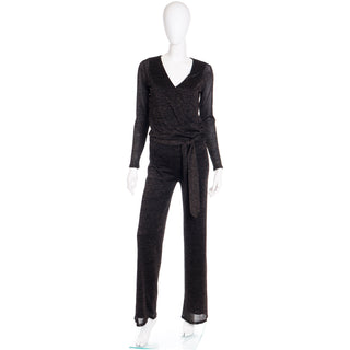 Early 2000s Y2K Vintage Black & Gold Lurex Sparkle Jumpsuit with belt
