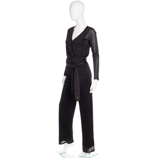 Early 2000s Y2K Vintage Black & Gold Lurex Sparkle Jumpsuit Faux Wrap