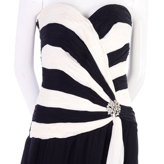 Vintage Black and White Silk Chiffon Dress Strapless Evening Gown Ruching and rhinestone brooch