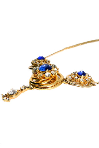 Mid century Vintage Blue Stone Rhinestone Gold Necklace With Detachable Brooch
