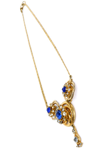 1940s 1950s Vintage Blue Stone Rhinestone Gold Necklace With Detachable Brooch