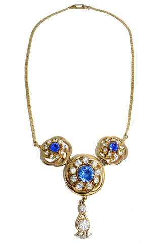 Vintage Blue Stone Rhinestone Gold Necklace With Detachable Brooch