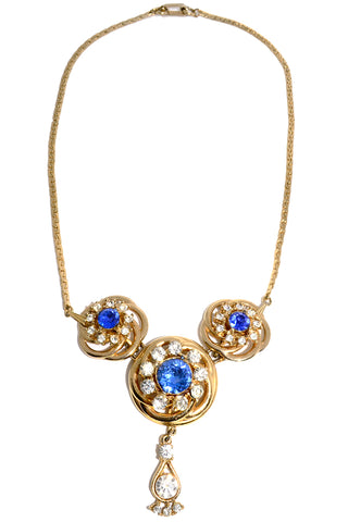 Vintage Blue Stone Gold Necklace With Detachable Brooch Rhinestones