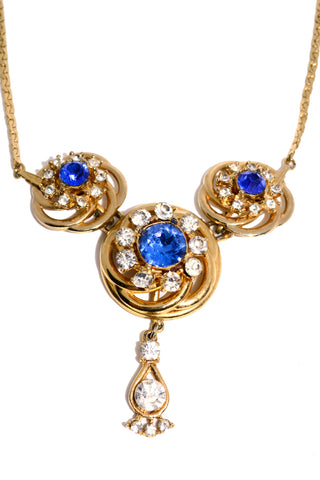 Rare Vintage Blue Stone Rhinestone Gold Necklace With Detachable Brooch