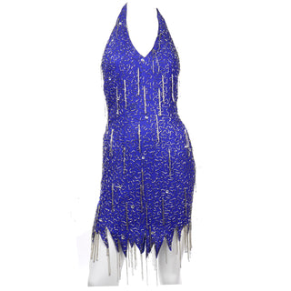 1990s Vintage Blue Silk Beaded Fringe Evening Halter Mini Dress with jagged hemline