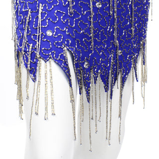 1990s Vintage Blue Silk Beaded Fringe Evening Halter Mini Dress w rhinestones & Beads