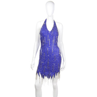 1990s Vintage Blue Silk Beaded Fringe Evening Halter Mini Dress with Rhinestones