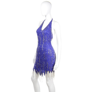 1990s Vintage Blue Silk Beaded Fringe Halter Mini Dress