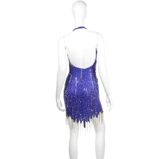 1990s Vintage Blue Silk Beaded Fringe Evening Halter Mini Dress Size Small