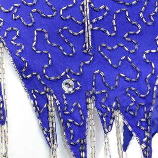 1990s Vintage Blue Silk Beaded Fringe Evening Halter Mini Dress 100% silk